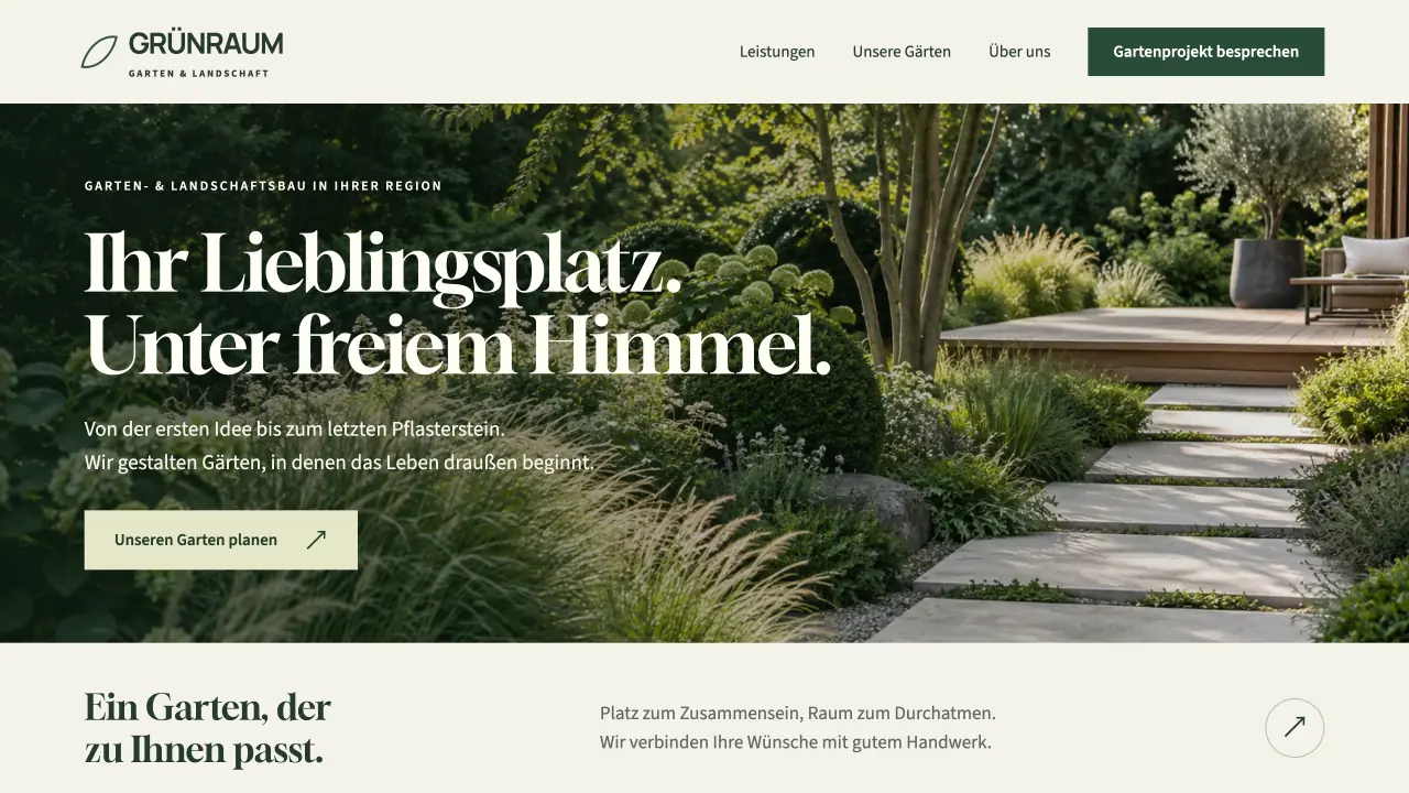 Fertige Webseite für einen lokalen Gartenbaubetrieb aus dem HANDSCHLAG.club-Projekt